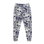 White Blue Skull Floral Pattern Print Jogger Pants