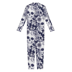 White Blue Skull Floral Pattern Print Jumpsuit