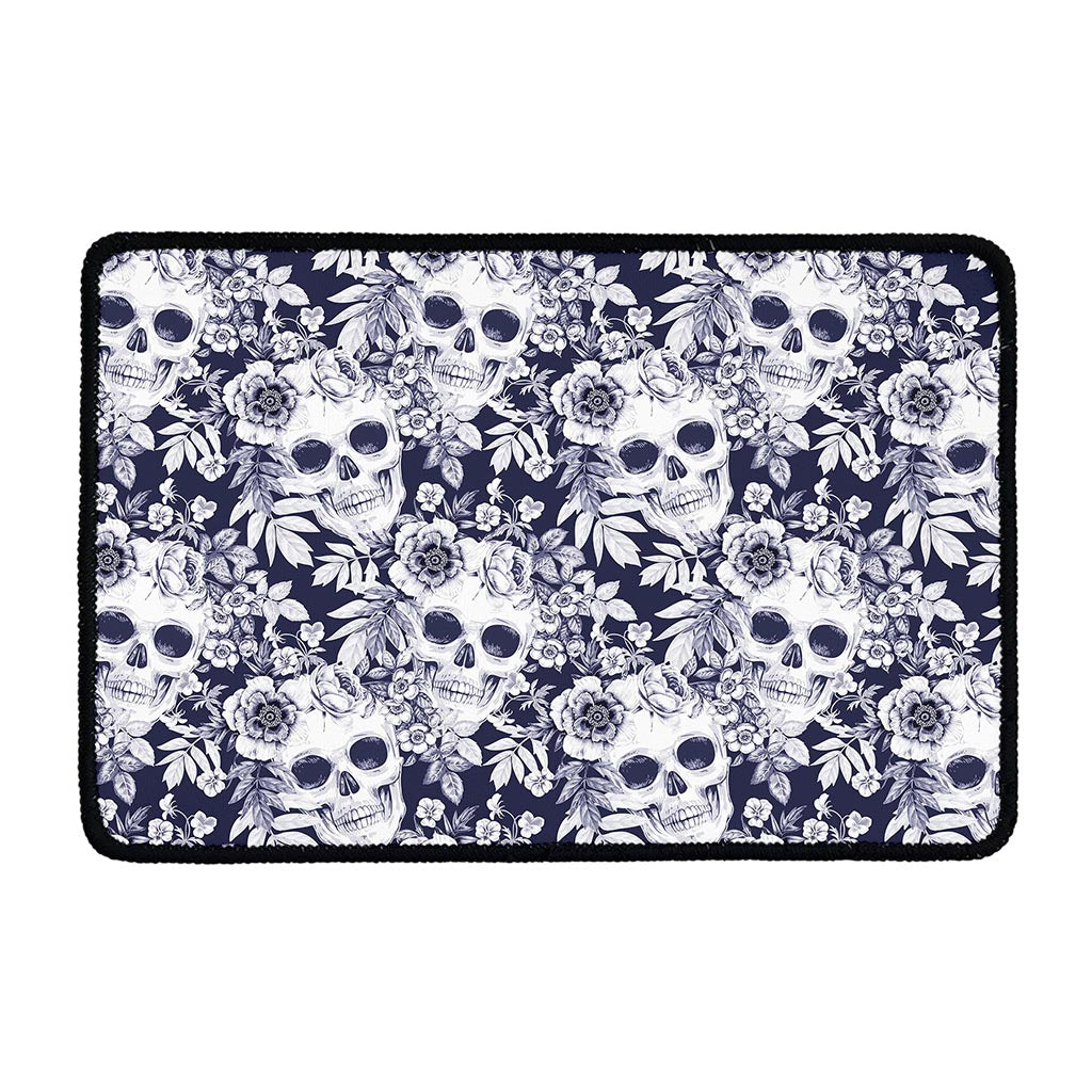White Blue Skull Floral Pattern Print Kitchen Mat