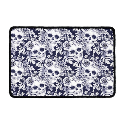 White Blue Skull Floral Pattern Print Kitchen Mat