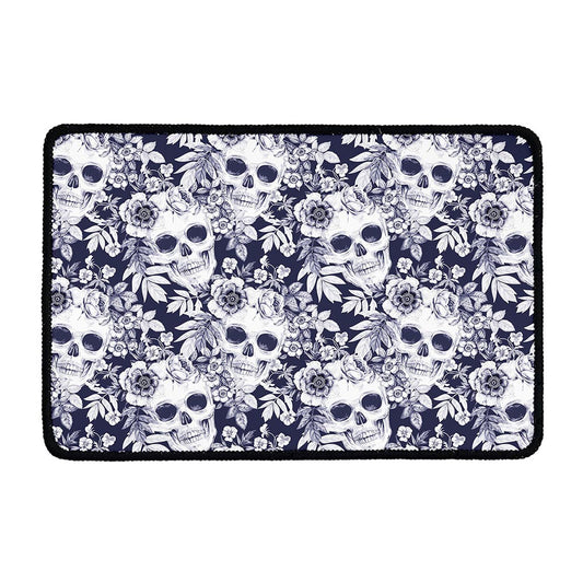 White Blue Skull Floral Pattern Print Kitchen Mat
