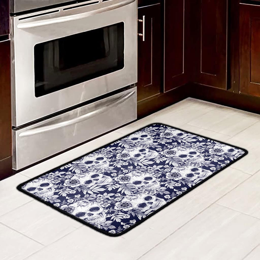 White Blue Skull Floral Pattern Print Kitchen Mat