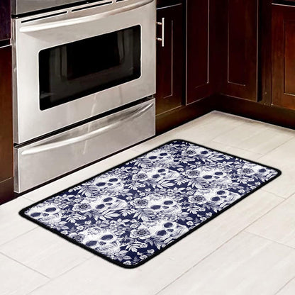 White Blue Skull Floral Pattern Print Kitchen Mat