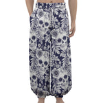 White Blue Skull Floral Pattern Print Lantern Pants