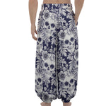 White Blue Skull Floral Pattern Print Lantern Pants