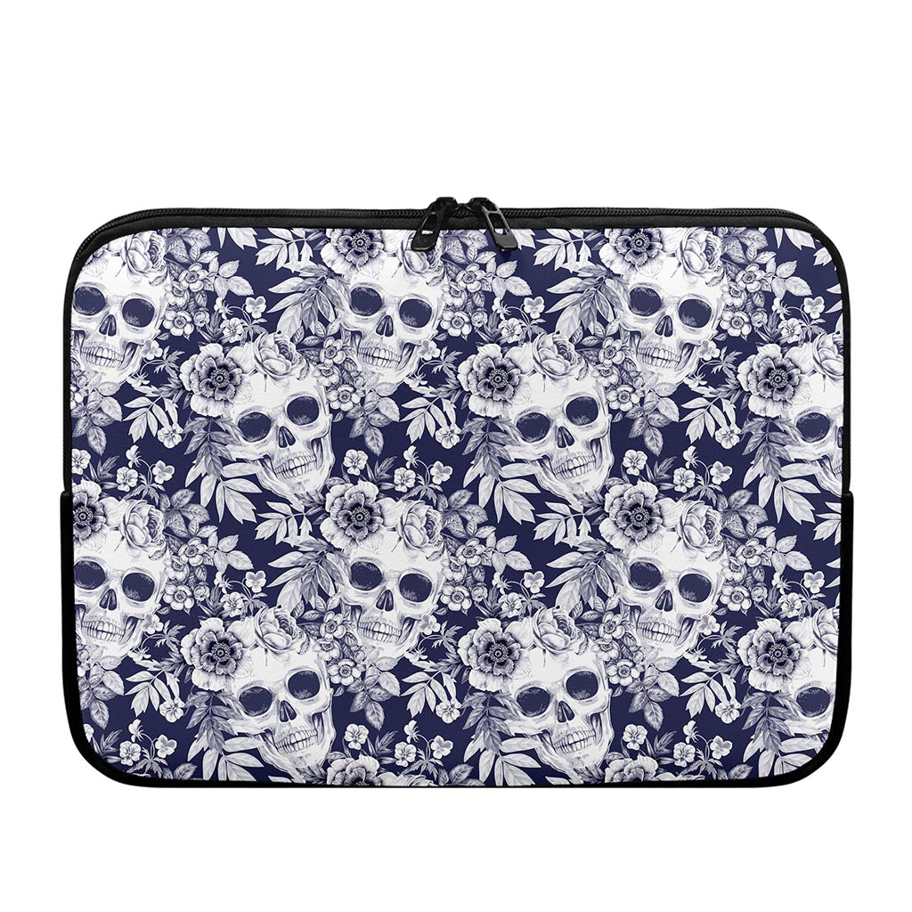 White Blue Skull Floral Pattern Print Laptop Sleeve