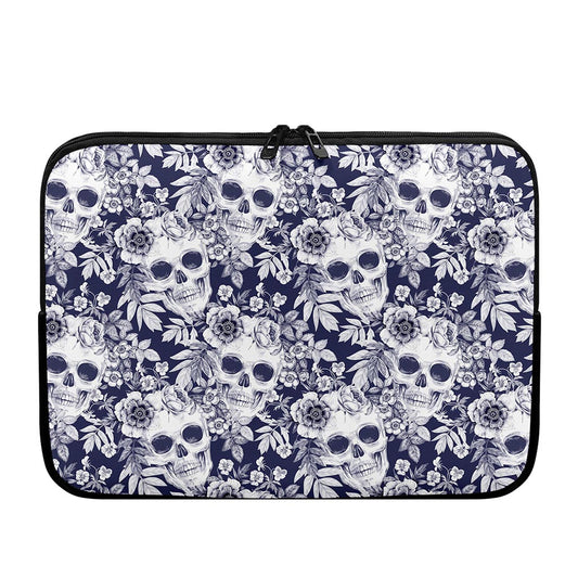 White Blue Skull Floral Pattern Print Laptop Sleeve