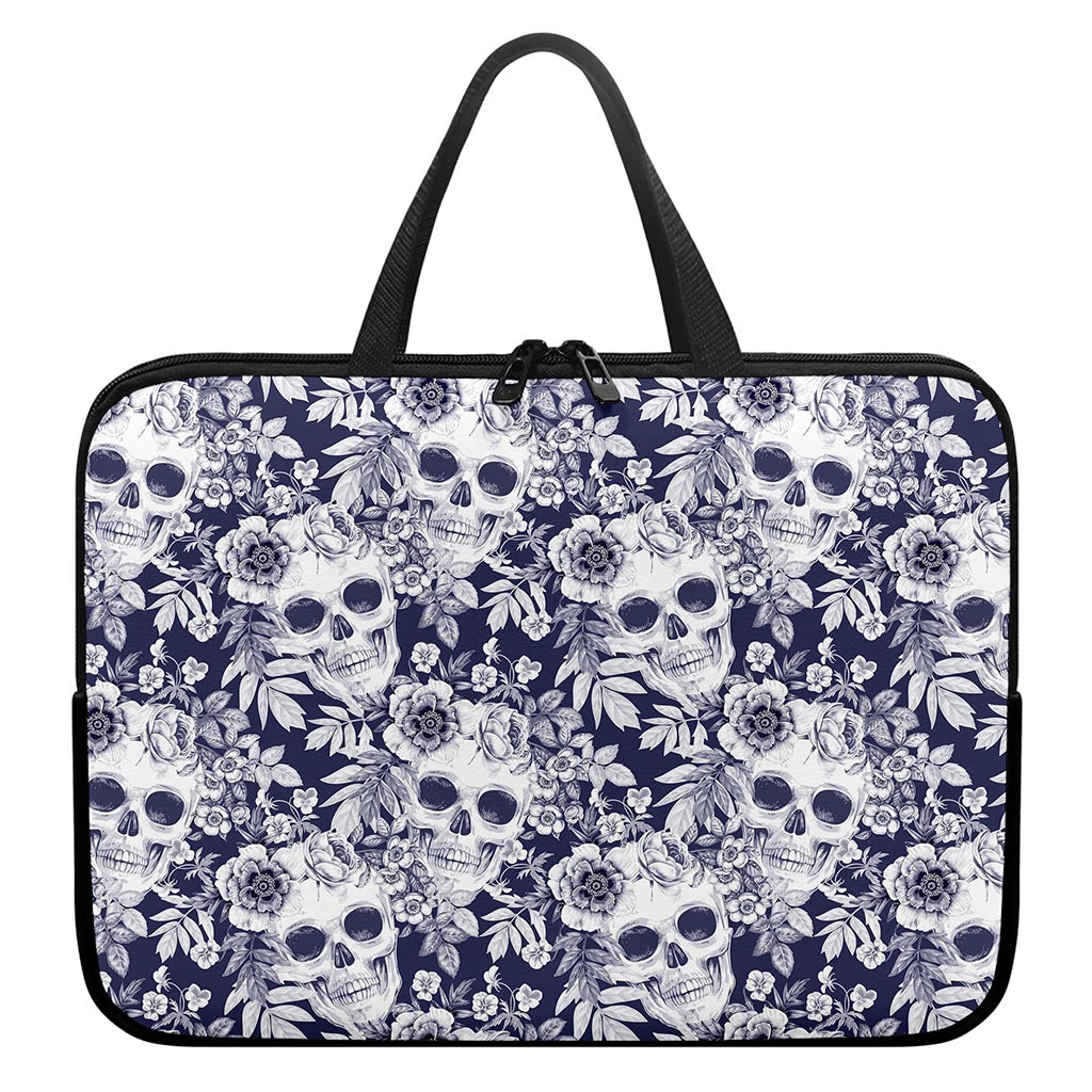 White Blue Skull Floral Pattern Print Laptop Sleeve With Handle