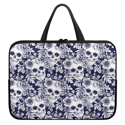 White Blue Skull Floral Pattern Print Laptop Sleeve With Handle