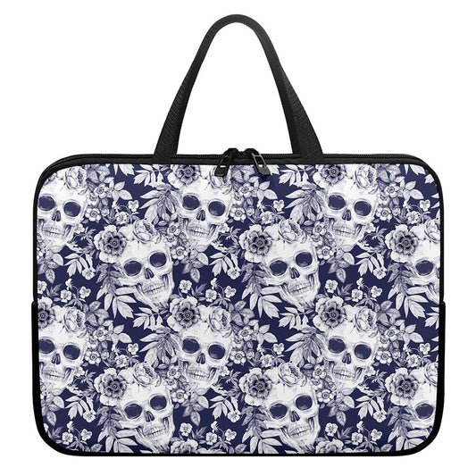 White Blue Skull Floral Pattern Print Laptop Sleeve With Handle