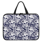 White Blue Skull Floral Pattern Print Laptop Sleeve With Handle