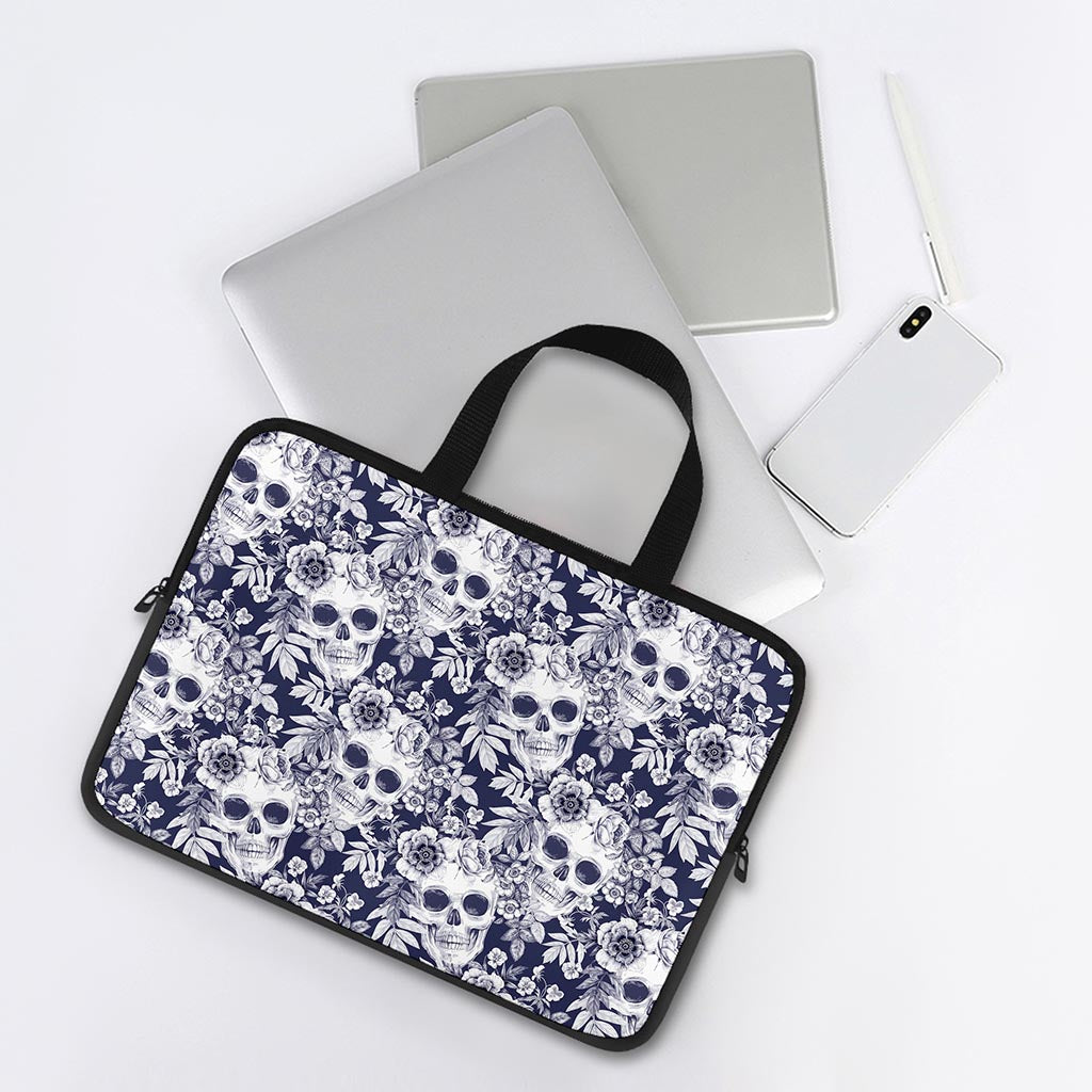 White Blue Skull Floral Pattern Print Laptop Sleeve With Handle