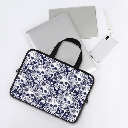 White Blue Skull Floral Pattern Print Laptop Sleeve With Handle