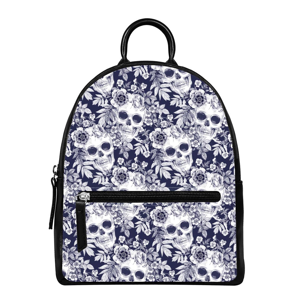 White Blue Skull Floral Pattern Print Leather Backpack