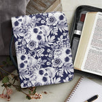 White Blue Skull Floral Pattern Print Leather Bible Cover