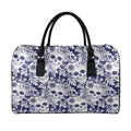 White Blue Skull Floral Pattern Print Leather Duffel Bag