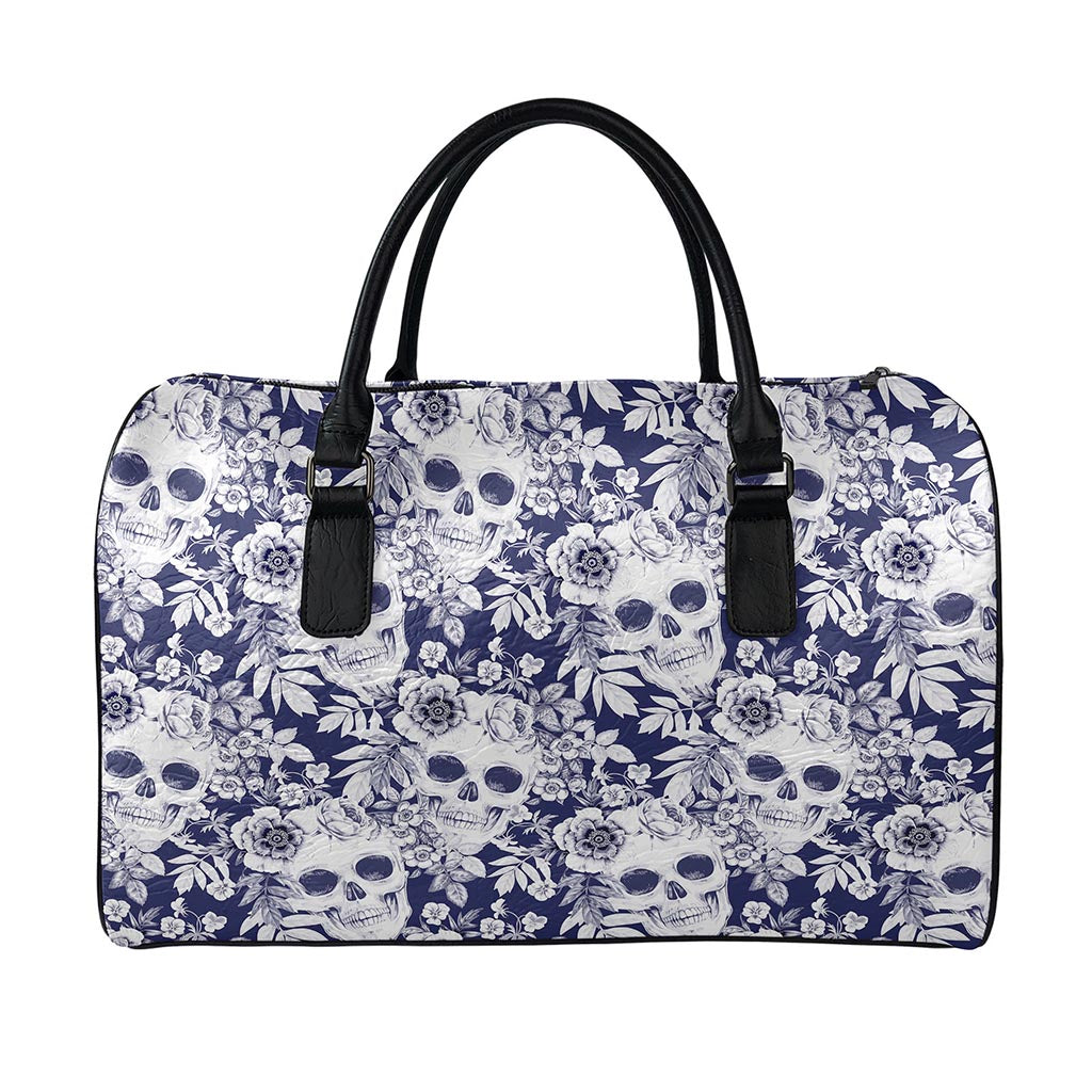 White Blue Skull Floral Pattern Print Leather Duffle Bag