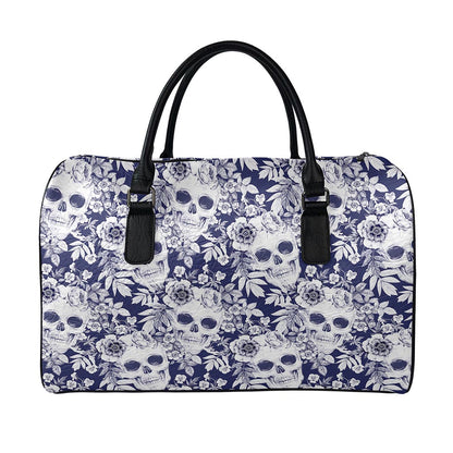 White Blue Skull Floral Pattern Print Leather Duffle Bag