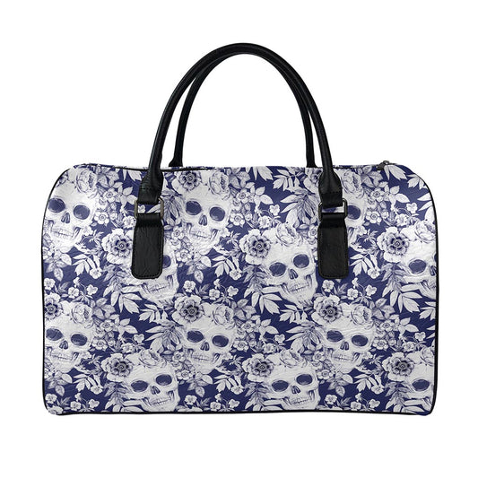 White Blue Skull Floral Pattern Print Leather Duffle Bag