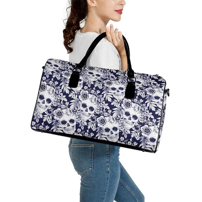 White Blue Skull Floral Pattern Print Leather Duffle Bag