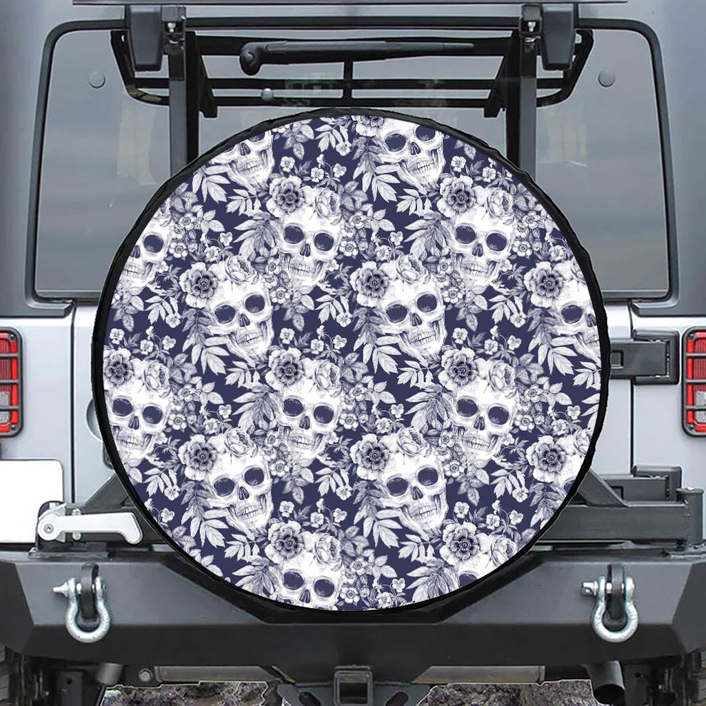 White Blue Skull Floral Pattern Print Leather Spare Tire Cover