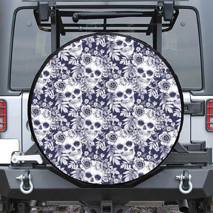 White Blue Skull Floral Pattern Print Leather Spare Tire Cover