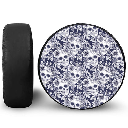 White Blue Skull Floral Pattern Print Leather Spare Tire Cover