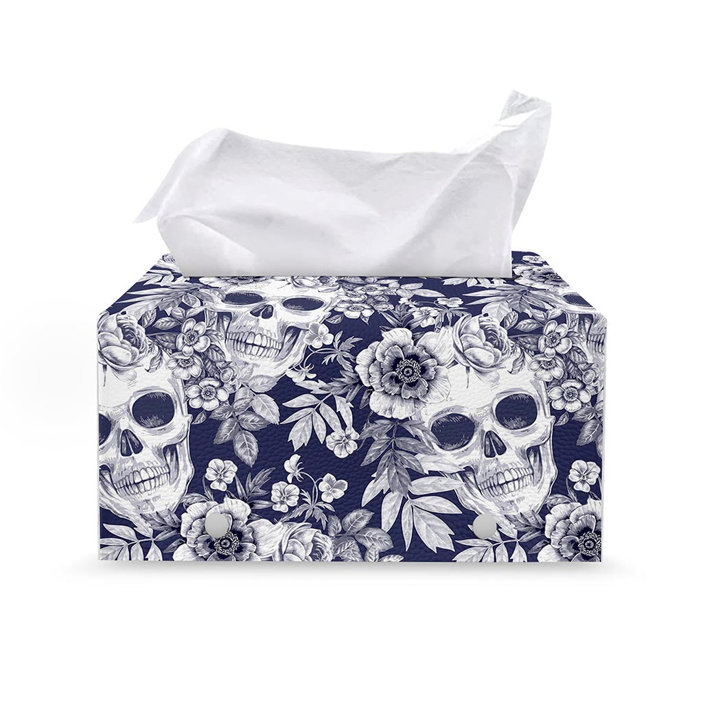 White Blue Skull Floral Pattern Print Leather Tissue Box Cover