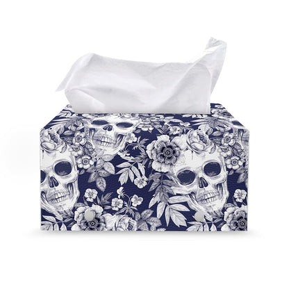 White Blue Skull Floral Pattern Print Leather Tissue Box Cover