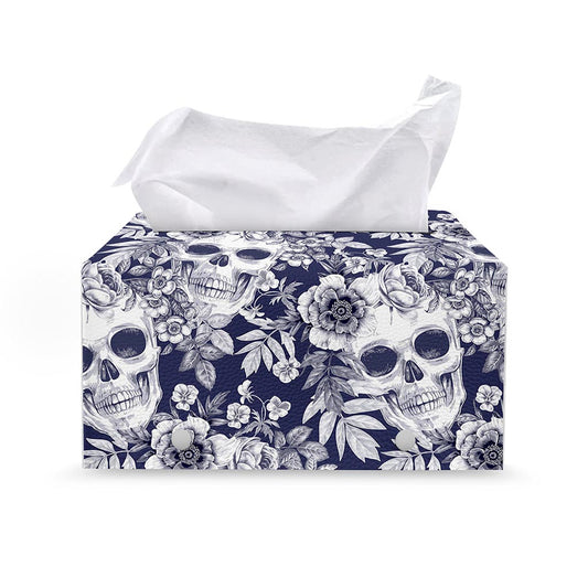 White Blue Skull Floral Pattern Print Leather Tissue Box Cover