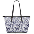 White Blue Skull Floral Pattern Print Leather Tote Bag With Zipper