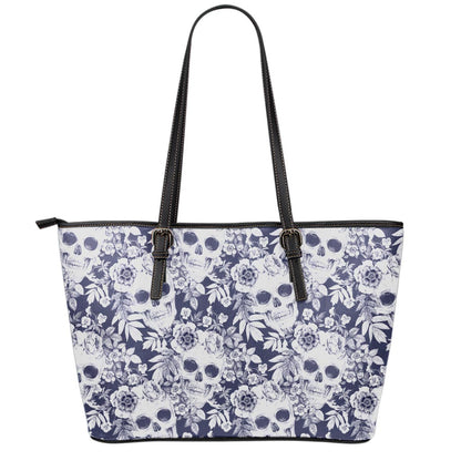 White Blue Skull Floral Pattern Print Leather Tote Bag