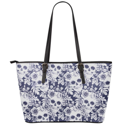 White Blue Skull Floral Pattern Print Leather Tote Bag