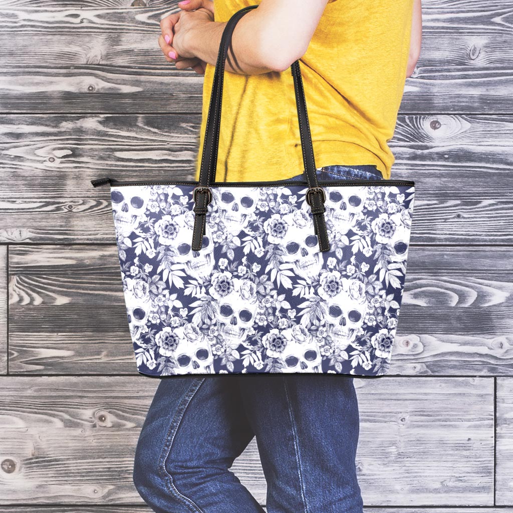 White Blue Skull Floral Pattern Print Leather Tote Bag