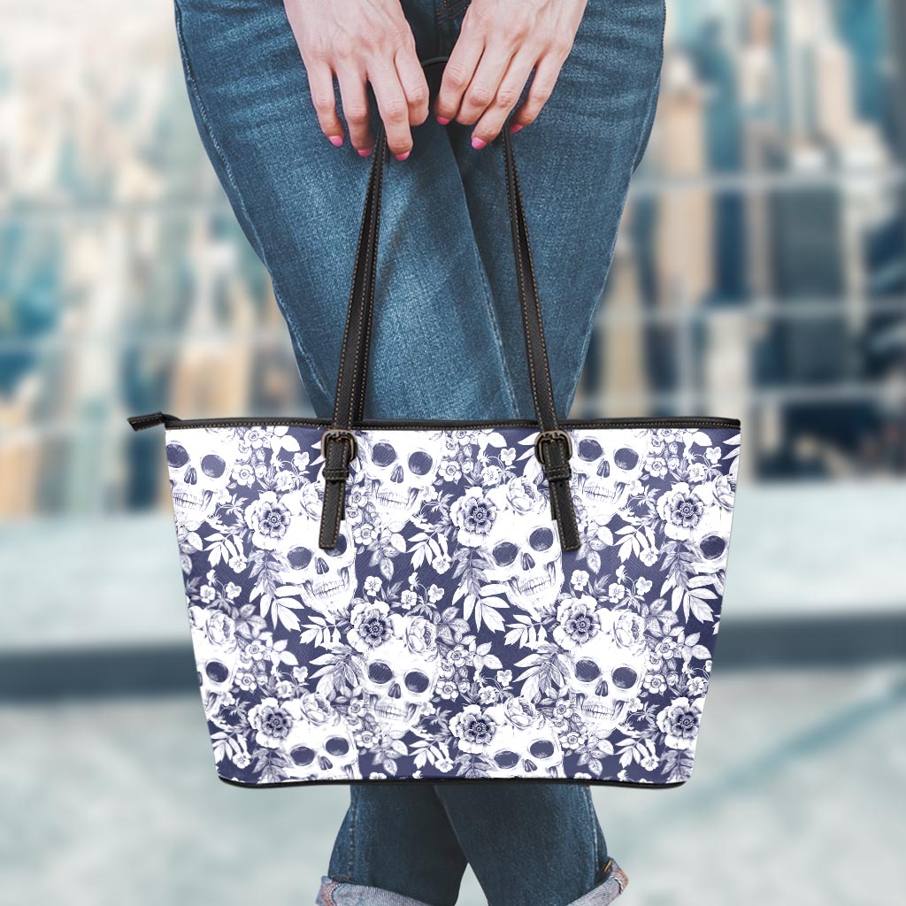 White Blue Skull Floral Pattern Print Leather Tote Bag