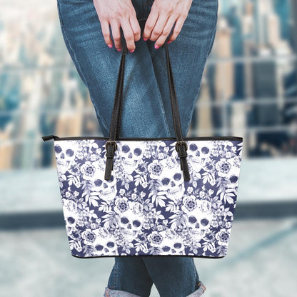 White Blue Skull Floral Pattern Print Leather Tote Bag