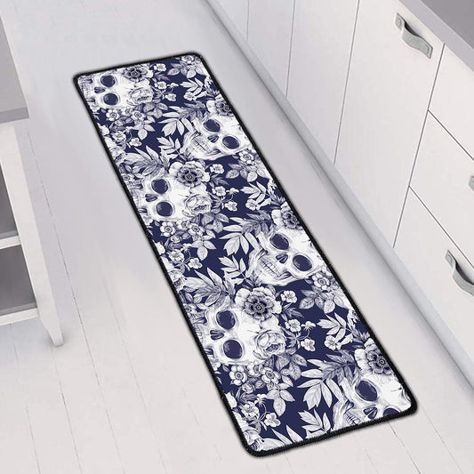 White Blue Skull Floral Pattern Print Long Kitchen Mat