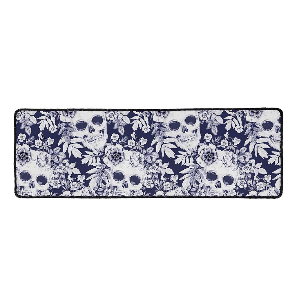 White Blue Skull Floral Pattern Print Long Kitchen Mat