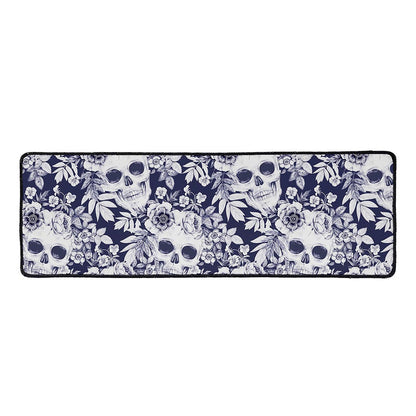 White Blue Skull Floral Pattern Print Long Kitchen Mat