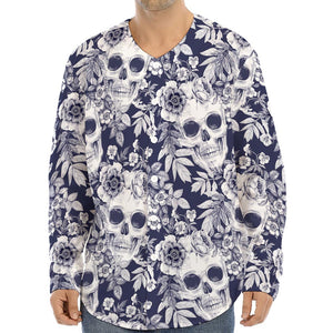 White Blue Skull Floral Pattern Print Long Sleeve Baseball Jersey