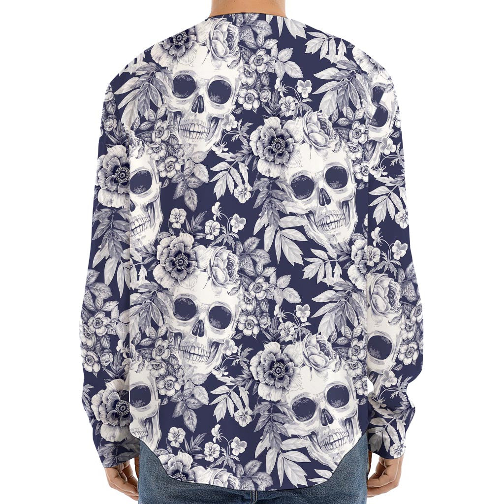 White Blue Skull Floral Pattern Print Long Sleeve Baseball Jersey