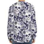 White Blue Skull Floral Pattern Print Long Sleeve Baseball Jersey