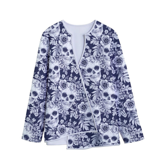White Blue Skull Floral Pattern Print Long Sleeve Short Coat