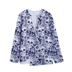 White Blue Skull Floral Pattern Print Long Sleeve Short Coat