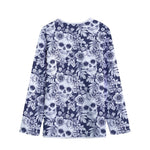 White Blue Skull Floral Pattern Print Long Sleeve Short Coat
