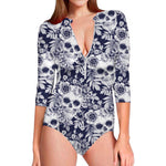 White Blue Skull Floral Pattern Print Long Sleeve Swimsuit