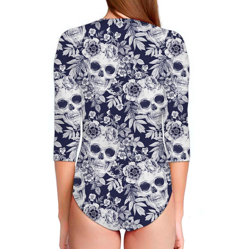 White Blue Skull Floral Pattern Print Long Sleeve Swimsuit