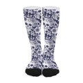 White Blue Skull Floral Pattern Print Long Socks