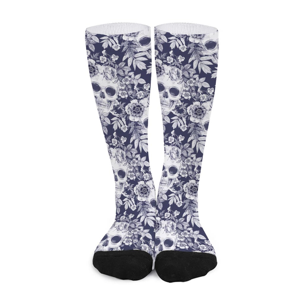 White Blue Skull Floral Pattern Print Long Socks