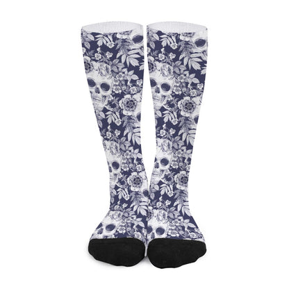 White Blue Skull Floral Pattern Print Long Socks